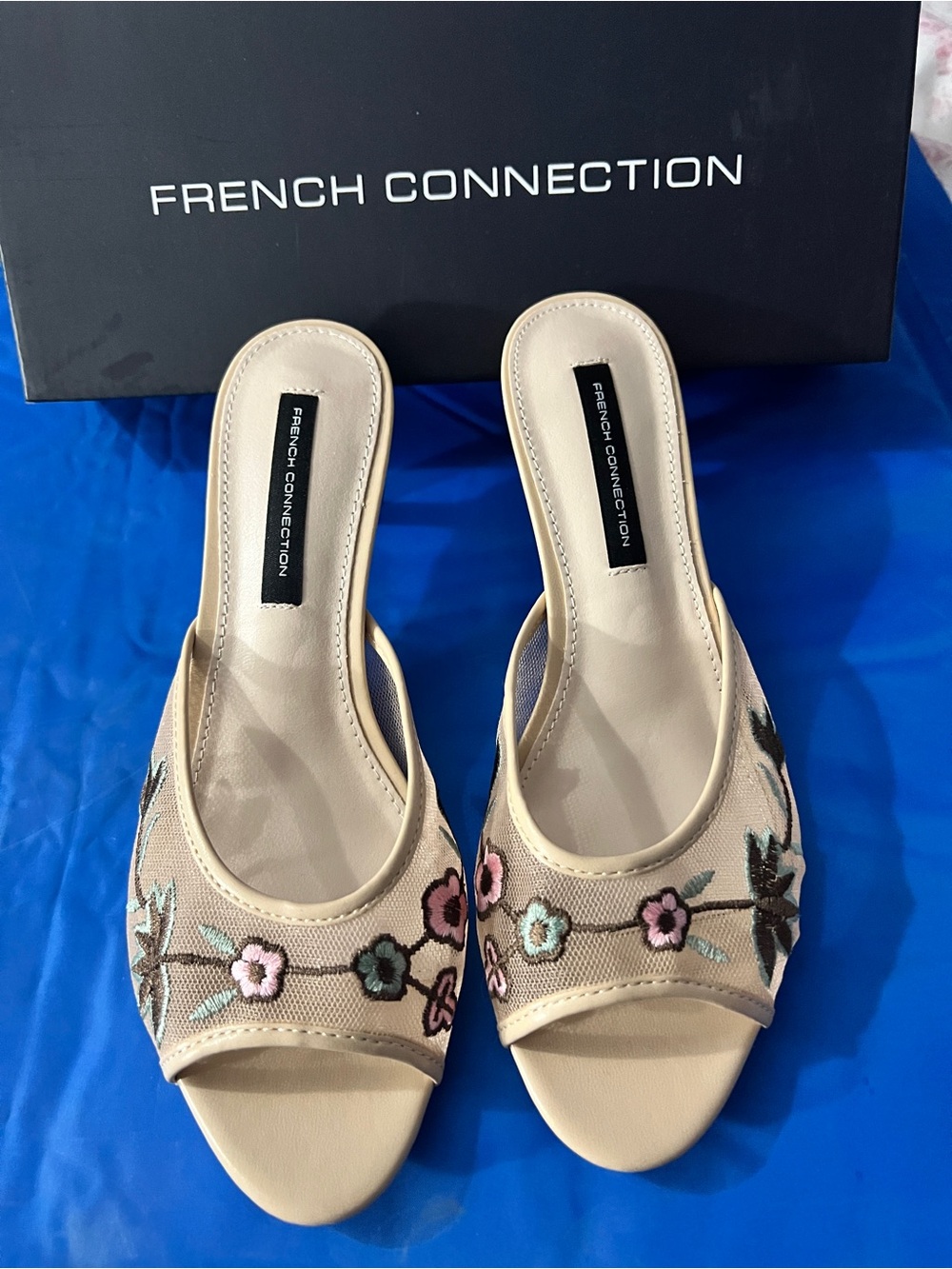 French Connection Beige Floral Embroidered Slide Mules